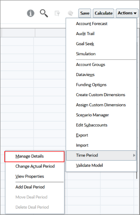 Options du menu d'action Période